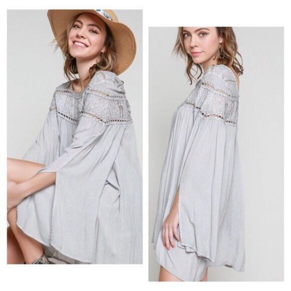 𝅺POL Woven  Gauze Top Lace Contrast & Bell Sleeves - Picture 7 of 16